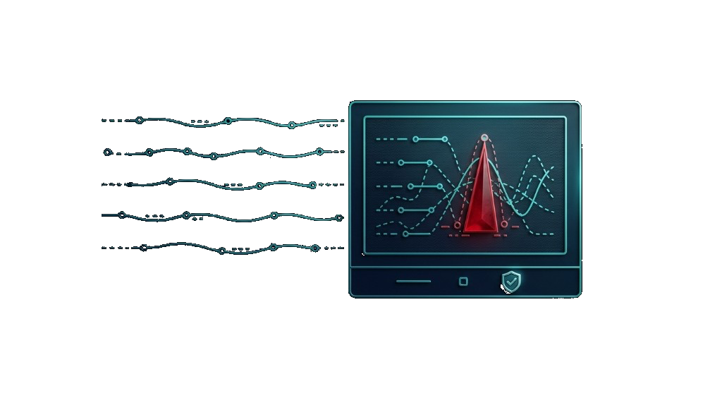 Log streams feeding a screen with one alert spike